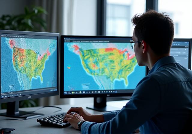 Analista de datos cartográficos trabajando en una estación de trabajo moderna